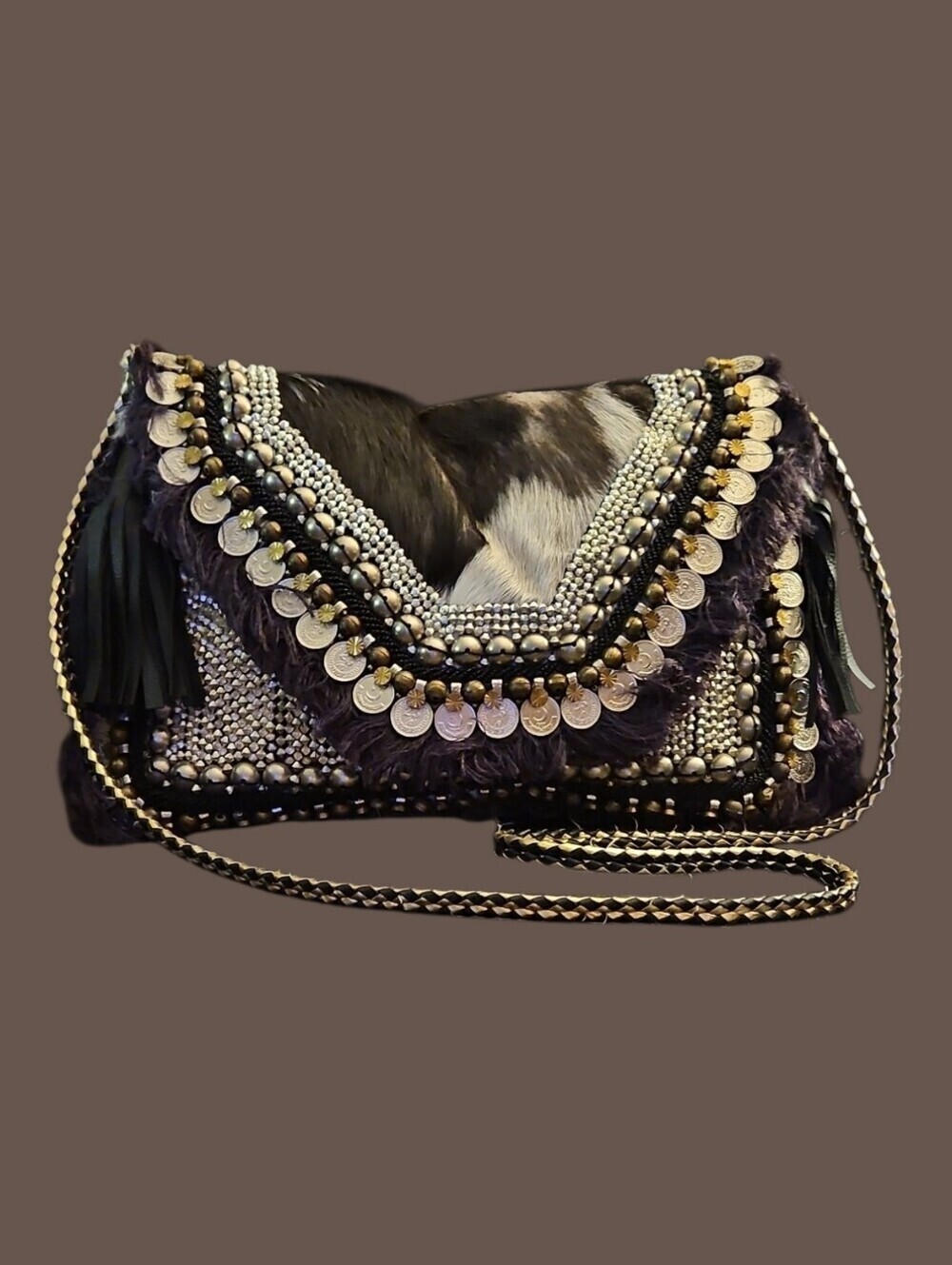 ANTHROPOLOGIE IBBAN Ethnic Boho Cow Coin Beaded Crossbody Envelope Festival Bag